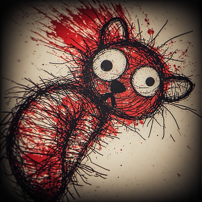 A distressed, cartoonish red creature with wide, startled eyes dominates the frame, rendered in a raw, scribbled ink and paint style. The composition is a close-up, focused entirely on the creature's head and upper body, with the framing creating a sense of claustrophobia or immediate reaction. The creature is positioned at a slight angle, looking directly at the viewer, enhancing the feeling of a personal encounter. The dynamic use of scribbled lines and splatters suggests a moment of intense emotion or chaos. The negative space around the creature is a muted beige, speckled with faint red dots, which accentuates the vibrancy and intensity of the central figure. The key subject is a stylized, anthropomorphic creature, possibly intended to be a cat or a similar small animal, characterized by its prominent, circular eyes with black pupils that appear wide with alarm or surprise. Its face is dominated by these large, expressive eyes and a small, dark nose and mouth. The body is rendered with thick, chaotic black scribbles, overlaid with bold patches of bright red, creating a texture that looks both furry and fragmented. Red splatters radiate outward from the head area, suggesting a violent or sudden event, or perhaps an extreme emotional outburst. The ears are small and pointed, and the overall impression is one of vulnerability and intense, immediate emotion. The artistic medium appears to be a mixed-media approach, likely digital art emulating traditional ink and paint techniques. The style is distinctly raw and expressive, characterized by loose, energetic linework that conveys a sense of urgency and rawness. The use of bold, contrasting colors—black, white, and a vibrant red against a neutral background—creates a striking visual impact. The scribbled texture gives the artwork a sense of tactile depth, as if the paint and ink were applied with a visceral energy. The splatter effect adds a dynamic, almost explosive quality to the piece, contributing to its intense mood. The setting is abstract and minimal, consisting of a textured, off-white background that is speckled with fine red dots, reminiscent of paint splatters or a textured paper. There are no discernible environmental elements, which serves to heighten the focus on the creature's emotional state. The lighting appears to be even and direct, highlighting the textures and colors of the artwork without casting dramatic shadows, further emphasizing the graphic and stylized nature of the piece. The overall atmosphere is one of intense, raw emotion, leaning towards alarm, shock, or even pain, conveyed through the creature's expression and the aggressive application of red.